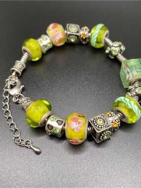 Vintage forest fairy style charm bracelet with glass beads